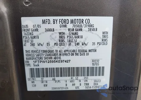 2005 Ford F-150 Lariat/Xlt из США, поврежденный, VIN 1FTPW12595KE97427